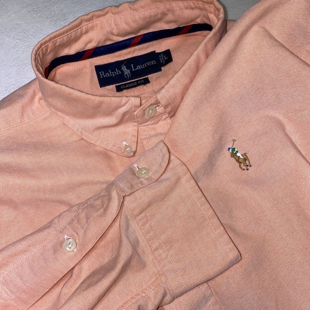 VTG Ralph Lauren Shirt Classic Fit Mens Large Coral Flesh Pony Preppy Button 90s